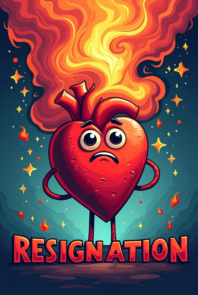 Create an art for a youth congress t-shirt. Write the theme like this " RESIGNATION"
I want a cartoon human heart with fire smoke Set the theme