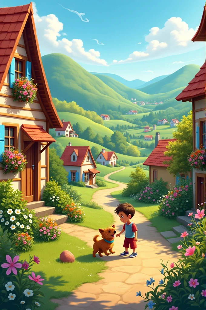 "A picturesque village nestled among lush green hills with small cottages, winding paths, and fields of flowers. In the center, a cute , Ali, is playing with his small, fluffy dog, Bruno. The sky is clear, and the sun casts a warm, golden glow over the scene."