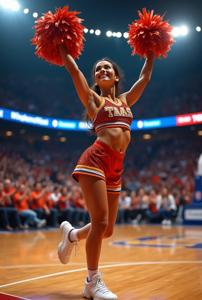 Photorealistic image of a cheerleader during a break in an NBA basketball match, vibrant uniform adorned with sequins sparkling under arena lights, dynamic pose with pom-poms raised high, intricate details of the crowd in the background showcasing excited fans with team merchandise, hardwood court reflecting the bright lights, panoramic view capturing the energy of the game, facial features expressing focus during the performance, captured in a wide-angle lens to emphasize the lively atmosphere and movement.