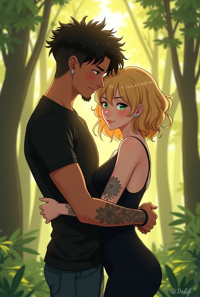 (best qualityer), anime illustration, couple, 1 male 1 female, young man 24 years old, young woman 22 years old, light skinned woman, she has medium blonde hair, She has medium length hair with small waves, She has big green eyes, Curvy Body, tanned skin man, man with black curly hair, he has a shaved haircut on the sides and bangs above his eyes, He has brown eyes, he has a short beard on his chin, He has a piercing on the left side of his mouth and on his left eyebrow, gazing at viewer, Warm and romantic, she wears all black clothes, he wears a black turtleneck shirt with a charcoal gray denim jacket and black pants, Romantic forest