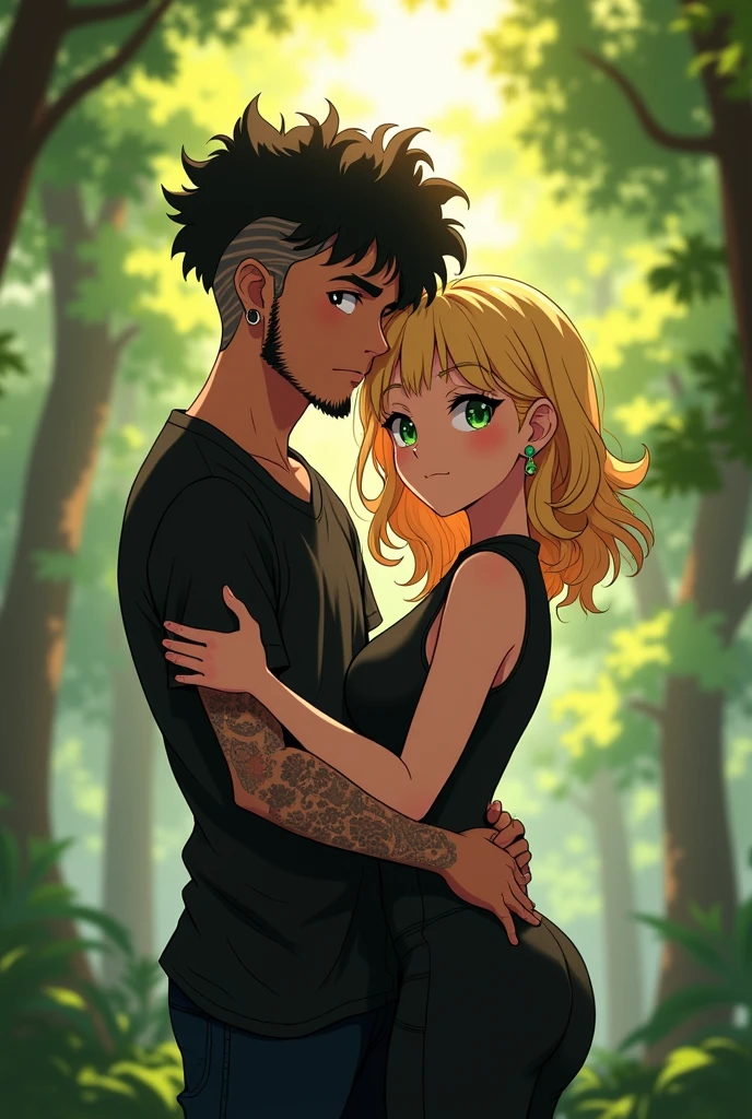 (best qualityer), anime illustration, couple, 1 male 1 female, young man 24 years old, young woman 22 years old, light skinned woman, she has medium blonde hair, She has medium length hair with small waves, She has big green eyes, Curvy Body, tanned skin man, man with black curly hair, he has a shaved haircut on the sides and bangs above his eyes, He has brown eyes, he has a short beard on his chin, He has a piercing on the left side of his mouth and on his left eyebrow, gazing at viewer, Warm and romantic, she wears all black clothes, he wears a black turtleneck shirt with a charcoal gray denim jacket and black pants, Romantic forest