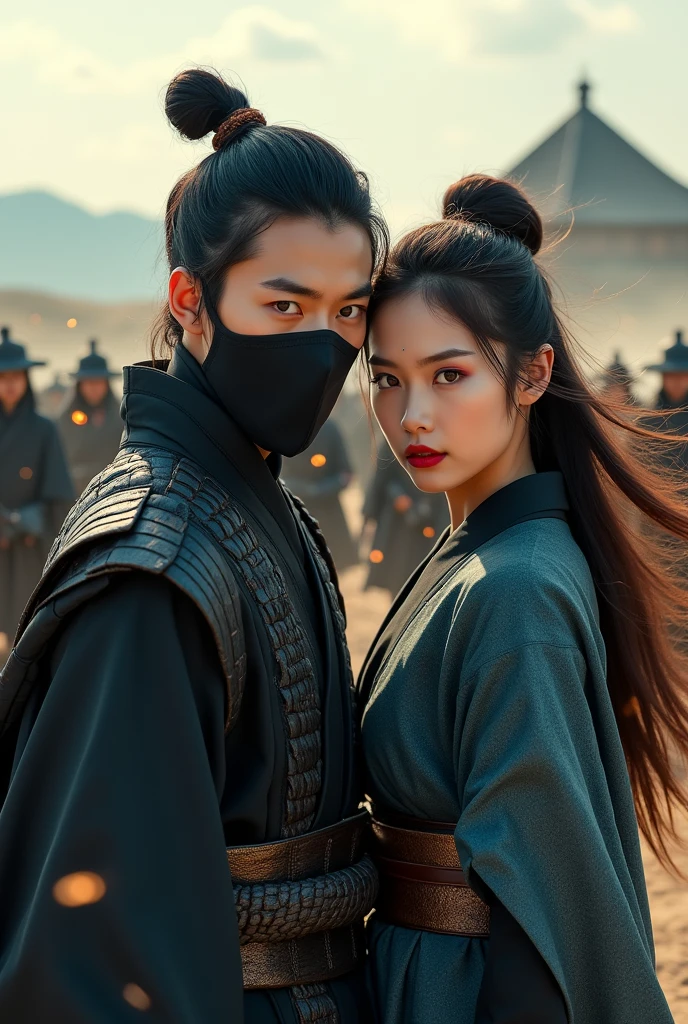 professional photo, portrait of a handsome 19 year old Korean man with hair in a bun, wearing a sninobi costume complete with hair, with his mouth covered with a black veil, red eyes on the right side and blue on the left side standing with a sharp gaze, standing with a beautiful woman with long flowing hair charming face with luscious red lips, beautiful eyes with the same color, wearing the same costume, wearing a black t-shirt and black leather hoodie jacket, complete with an iron-armor visor, loose hair flying in the gentle breeze, the background is a barren field with a high hill behind them, a battlefield, with dozens of ronin samurai surrounding all directions, the picture is so realistic, with the effects of sparks and wind and flying dust, the picture has a slight 3-dimensional touch, very interesting, an extraordinary picture, cinematic, photographic