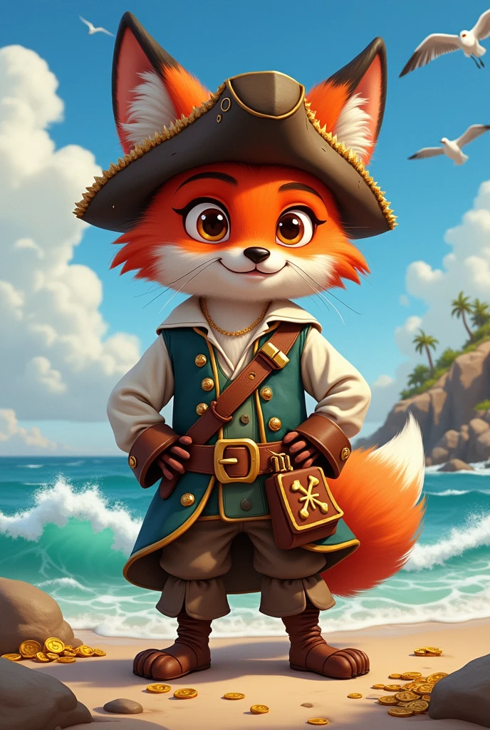 A little anthropomorphic red fox in pirate clothes. 