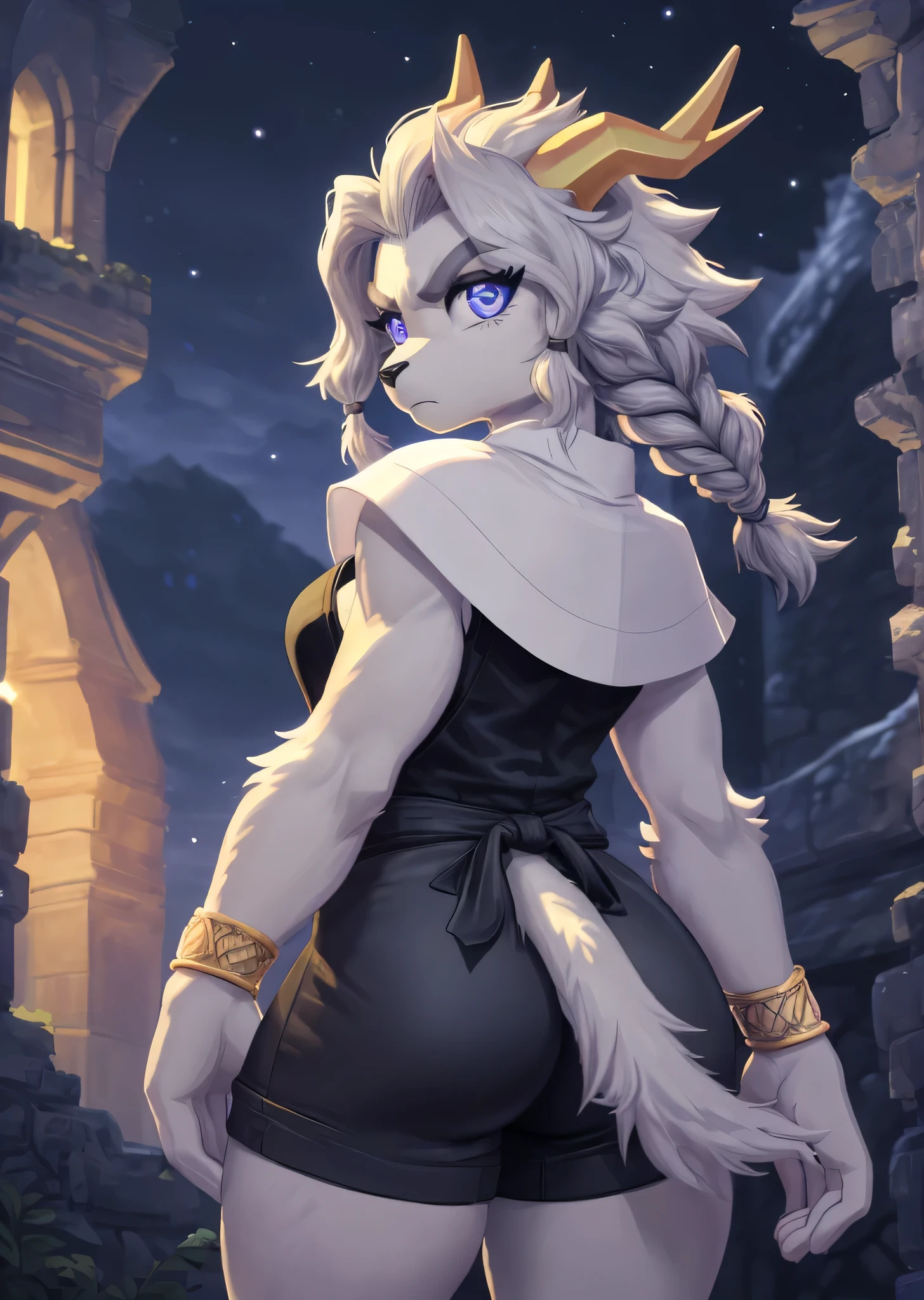 [sybil], [pseudoregalia], ((masterpiece)), ((HD)), ((high res)), ((solo portrait)), ((waist up)), ((back view)), ((detailed fur)), ((cute cartoon aesthetic)), ((detailed shading)), {(anthro goat woman), (athletic figure), (grey body fur), (black nose), (long droopy ears), (long fluffy hair), (braided bangs), (yellow narly horns), (long tail), (bushy dark grey eyebrows), (cute indigo eyes), (long grey eyelashes), (medium ), (curvy hips), (love handles), (beautiful legs), (angry), (tired expression)}, {(black sleeveless vest), (tight black shorts), (short white capelet), (gold bracelets)}, {(standing), (looking back at viewer)}, [ambient lighting, castle ruins, nighttime, moonlight]