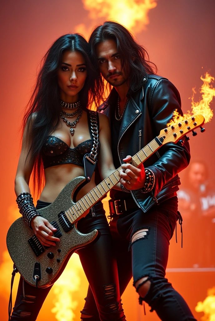 Masterpiece:1.3, Best quality, Photorealistic, Ultra-detailed, finely detailed, high resolution, 8K wallpaper) Heavy metal, biker chick with chains and spikes, ferocious expression, powerful male rock star, black leather, dressed in black leather jacket and torn jeans, dark eyeliner and black lipstick, heavy music, fierce man, standing tall, epic guitar solo, guitar on fire, man solo electric guitar, male guitarist of metal, man playing the guitar, electric guitar made of metal, flames on stage, male rocker playing a concert,