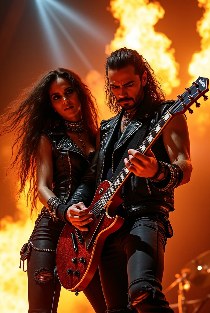 Masterpiece:1.3, Best quality, Photorealistic, Ultra-detailed, finely detailed, high resolution, 8K wallpaper) Heavy metal, biker chick with chains and spikes, ferocious expression, powerful male rock star, black leather, dressed in black leather jacket and torn jeans, dark eyeliner and black lipstick, heavy music, fierce man, standing tall, epic guitar solo, guitar on fire, man solo electric guitar, male guitarist of metal, man playing the guitar, electric guitar made of metal, flames on stage, male rocker playing a concert,