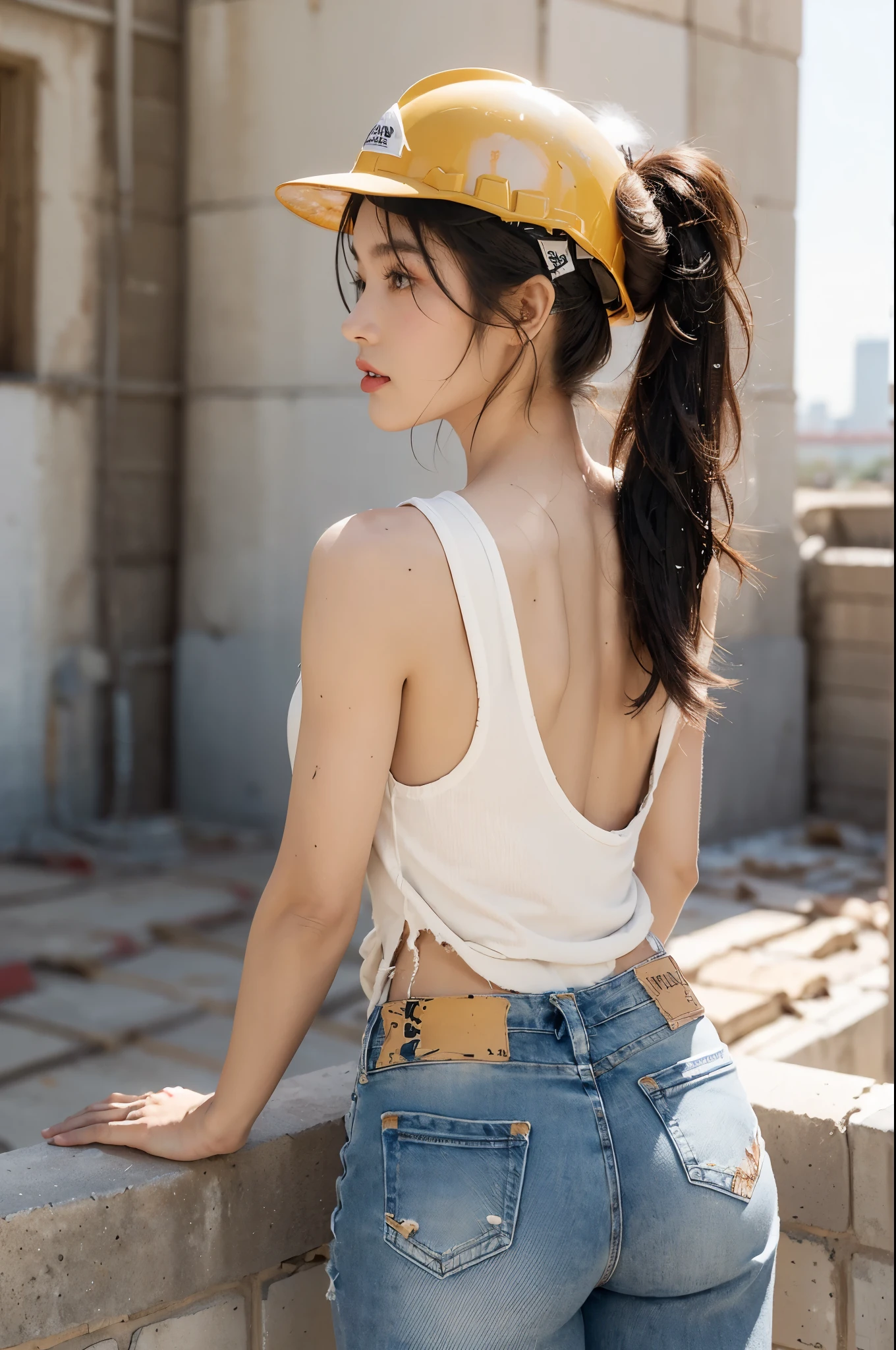(((best quality))), (((ultra detailed))), (((masterpiece))), illustration,((a beautiful girl,solo)),(hard hat on head:1.3),(short ponytail:1.2),(flushed cheeks:1.3),(Brownish red skin:1.3),((sweat,wet)),((slim,thin)),((bare back,towering hips,butt crack)), (dirty torn white tank top:1.3),(tattered jeans:1.3),(standing:1.2),(High altitude construction site:1.3),(on the roof:1.2),(outdoor:1.2),(bricks:1.3), scorching sun, vibrant city,((cement, dust)), determined hustle, quiet, determined girl, indomitable spirit, human resilience, perseverance, unwavering resolve, back-breaking work, awe, respect, narrative, sacrifice, hard work, unseen heroes, city buildings,((from back,upper body))