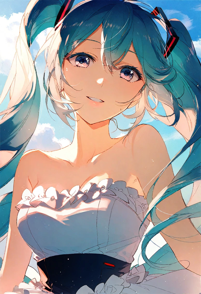 Writer: Rella, Writer: dsmile9, break
watercolor,
break
hatsune_Miku, alone, chapped lips, detailed face, detailed eyes, detailed hair, wind effect, 
break
dutch angle,
break
strapless, bare shoulders, clavicle, ruffle wedding dress, inspired by Atsushi Nishigori (Character Designer),
break
Delightful,
break
(a clear blue sky), 
break
 [Clean color:cell shading:0.6],
break
beautiful, aesthetic, detailed, beautiful colors, amazing quality,