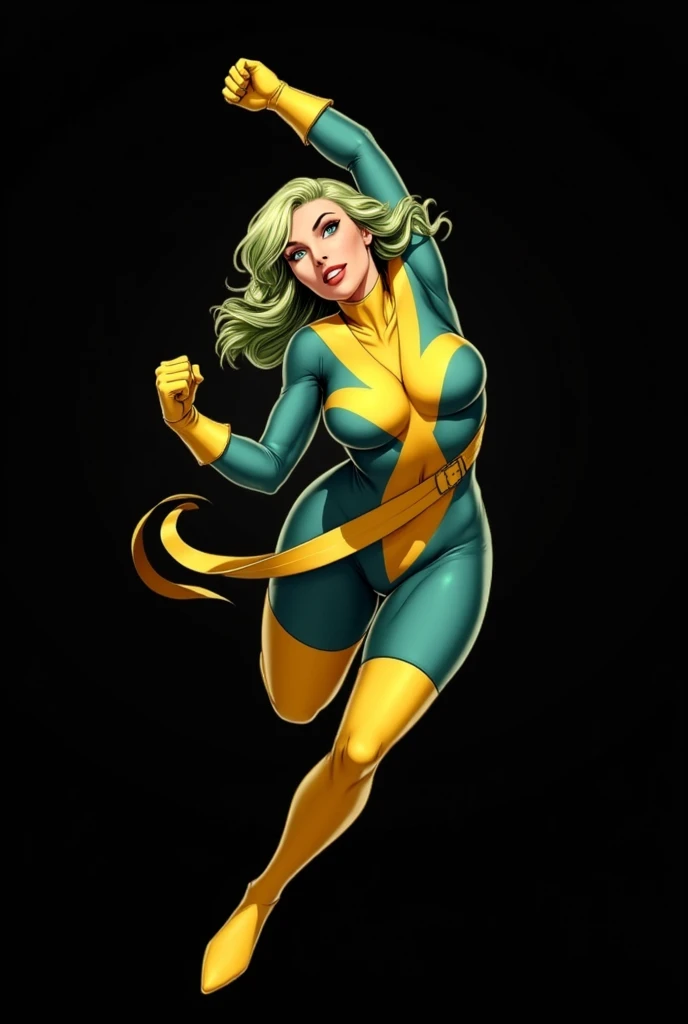 Lorna Dane, polaris x-men, (flying fight profile side pose:1.4), (green thick wavy long hair:1.4), (busty breast:1.4), wearing a blue costume, big yellow "x" in the chest, with yellow xmen belt, yellow glowes, yellow boots, (she's using her green power:1.3), (comic style:1.4)
