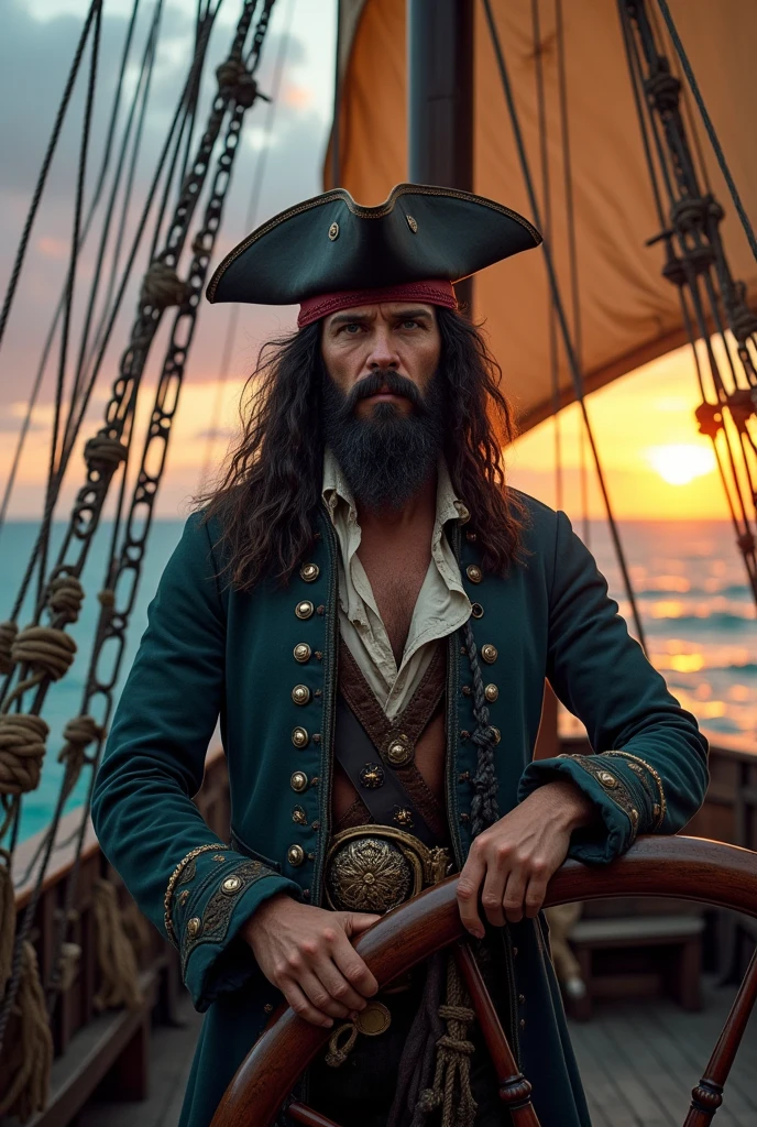 A picture of a captain pirate & his ship.