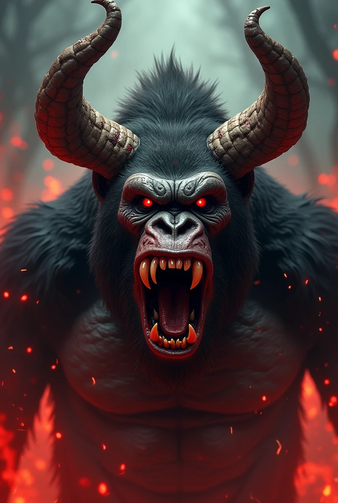 Gorilla with horns and a demonic background, just his face and he's furious, make it gore type