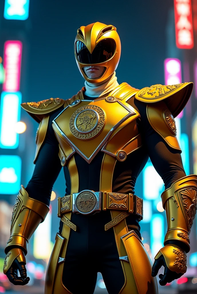 tall person in a police theme gold powerranger suit with a gold helmet