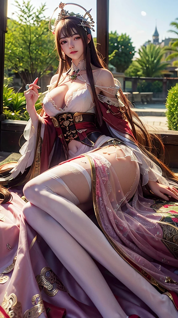 best quality,masterpiece,Ultra-high resolution,(photoactual:4:0),emperor bush,A Protea Goddess,Pink long hair shawl,Big breasts,thin waist,Wearing an imperial lace skirt,Sitting on the flower