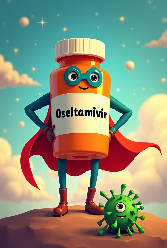 A medicine bottle with pills that has the name Oseltamivir animated like Disney which has a mask and cape like a superhero who defeated a green virus with spikes which is crying in a corner of the image