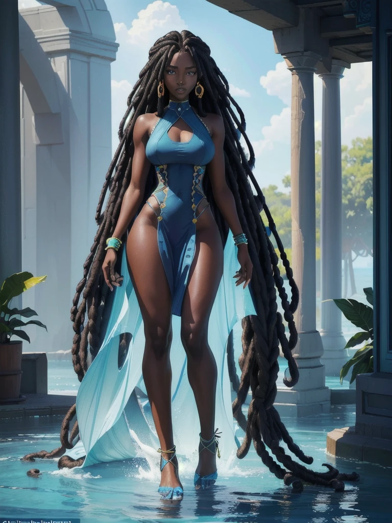 ((best quality)), ((4k)), ((highres)), ((masterpiece:1.2)). ((detailed)), ((ultra realistic)), ((intricate details)), ((full body picture)), ((character design sheet)), ((blank background)), a full body picture of a beautifull ebony female, young black woman, african princess, african model, perfect face, gorgeous face, detailed eyes, detailed lips, ((vivid blue eyes)), about 20 years old, about 5'5 ft. tall, long thin dreadlocks, ((emphasis on her long thin dreadlocks)), dreadlock beads ((emphasis on her dreadlock beads)), athletic body, dressed in a floaty sleeveless blue dress ((emphasis on her floaty sleeveless blue dress)), dark blue and light blue outfit, ((emphasis on dark blue and light blue outfit)), multi-colored outfit, ((emphasis on multi-colored outfit)), multiple shades of blue dress, ((emphasis on her multiple shades of blue dress)), african princess, african sea goddess character concept, superhero character, superhero concept art, superhero character concept art, full body, full body concept art, full body art, splashes of water in the background
