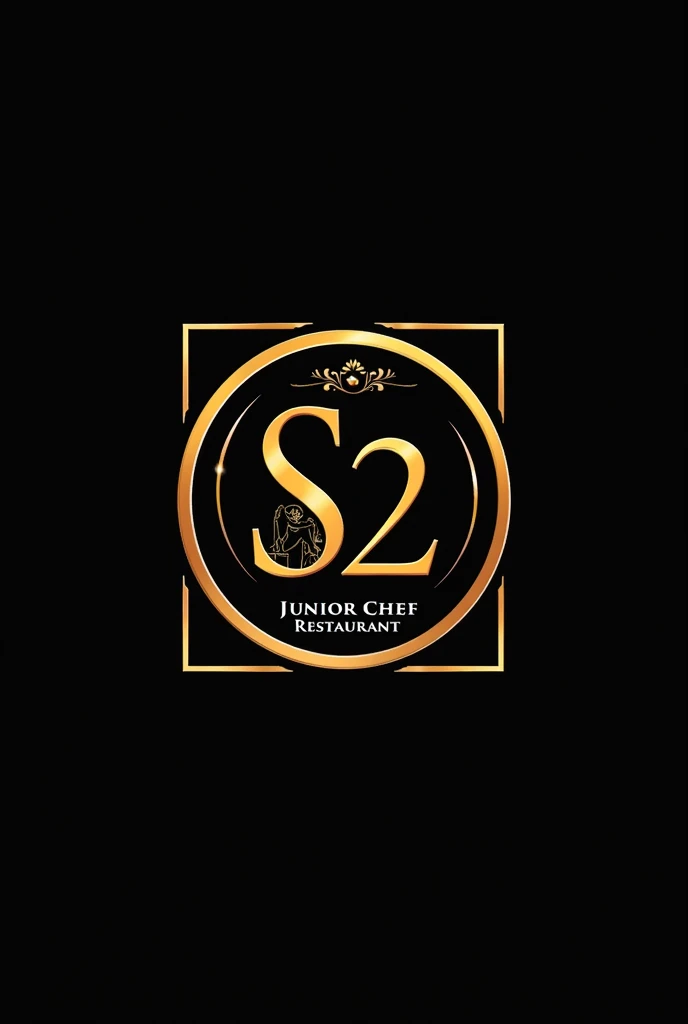 Logo for restaurant named   Ssquare junior chef restaurant in circle shapes and adding touch of chef also adding symbol of S2 with a subtitle of junior chef restaurant  also included into the square shape with a black golden  colour theme 