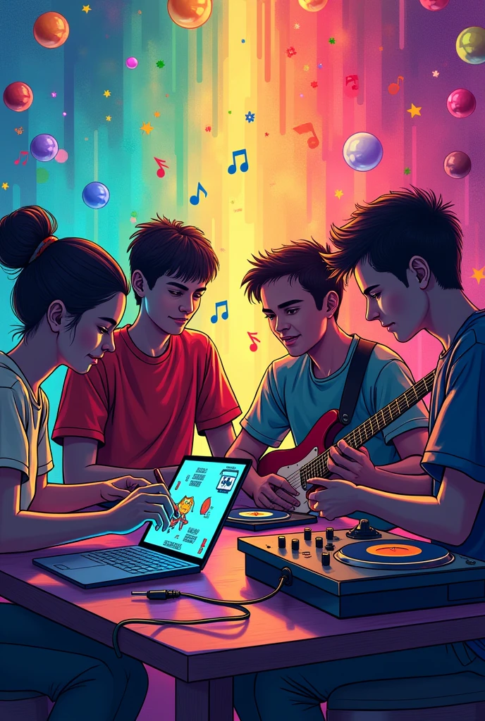 Generate an image for WhatsApp group profile. Group is related to four members learning and posting game art related and Programming and music too