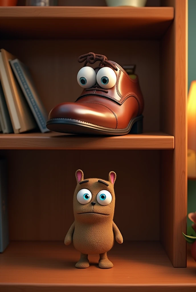 Animated cartoon shoe with eyes and that is dressy and serious and now I want that shoe to be on a shelf where his friend the animated brown sock with blue eyes can see it from below That the dress shoe has eyes and the sock is shaped like a sock that there is no cat