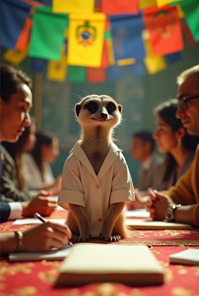 Spectacled Meerkat, white blouse and long hair, standing, writing on the table, looking at the table, with a table behind with two people sitting and flags of the Brazilian states hanging behind.  Local formal, long table