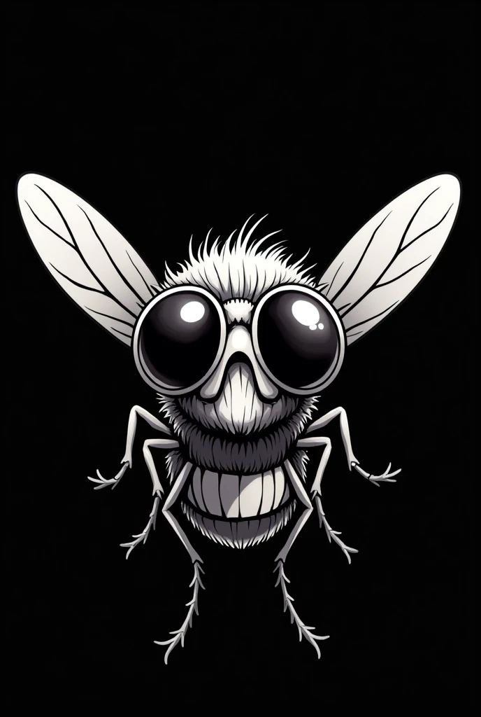 Create an image of a fly looking forward and having a gas chamber on its face. I also want you to make the image in a cartoon style and use only black and white as the colors you use., The black one is for the background and the white one is for the fly with the gas chamber. I don&#39;t want it to be so hairy and to make it more clear that it is a fly., Make it look more like a cartoon so you can see the gas chamber