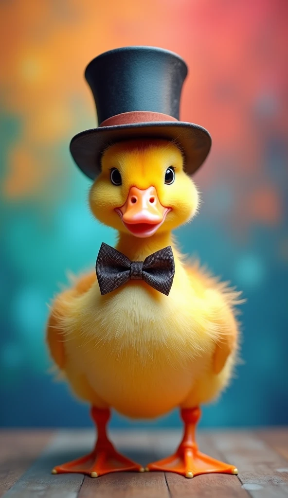Perfect centering, cute little duck, Wear a bowtie, Wearing a hat, cheerfulness, Standing position, Abstract beauty, Centered, Looking at the camera, Facing the camera, nearing perfection, Dynamic, Highly detailed, smooth, Sharp focus, 8K