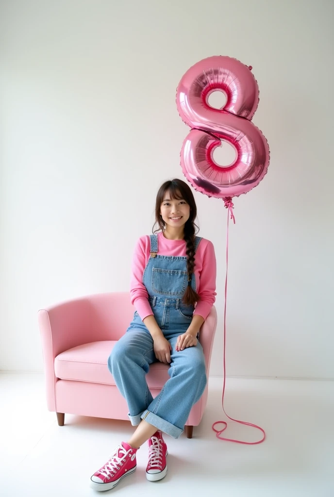 best qualityer:1.4), (ultra high resolution:1.2), (photorrealistic:1.4), (8k, CRU photo:1.2), 1 white, de 1.20 high , dark brown hair down with a boxer braid, a pink long sleeve blouse, a denim dungaree on top, is wearing pink All Star sneakers. It's in the white photography studio. She is sitting on a pink chair. On the wall there is a pink balloon shaped like the number 8