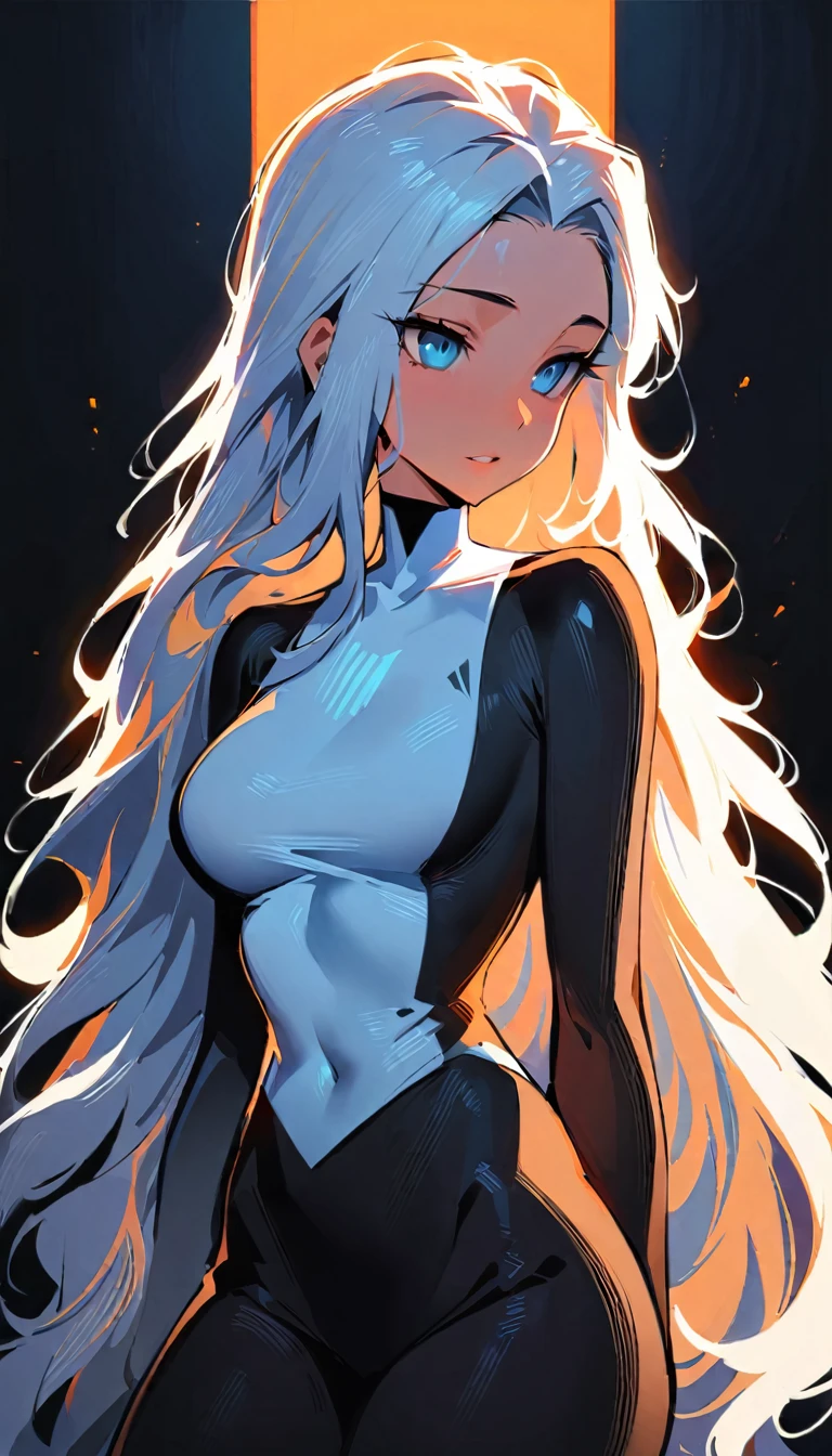 (high quality, 8k, 4K, high contrast, artwork:1.2, high quality, best aesthetics), ((1 woman)), erotic, sensual, mature body, grown woman, super detailed, beautiful face detailed, beautiful eyes detailed, detailed beautiful mouth, (long wavy white hair), (blue eyes), (calm expression), (standing straight body posture), (centered woman), (front facing woman), (plain white shirt), (black leggings), (medium breasts), (fleshy body)