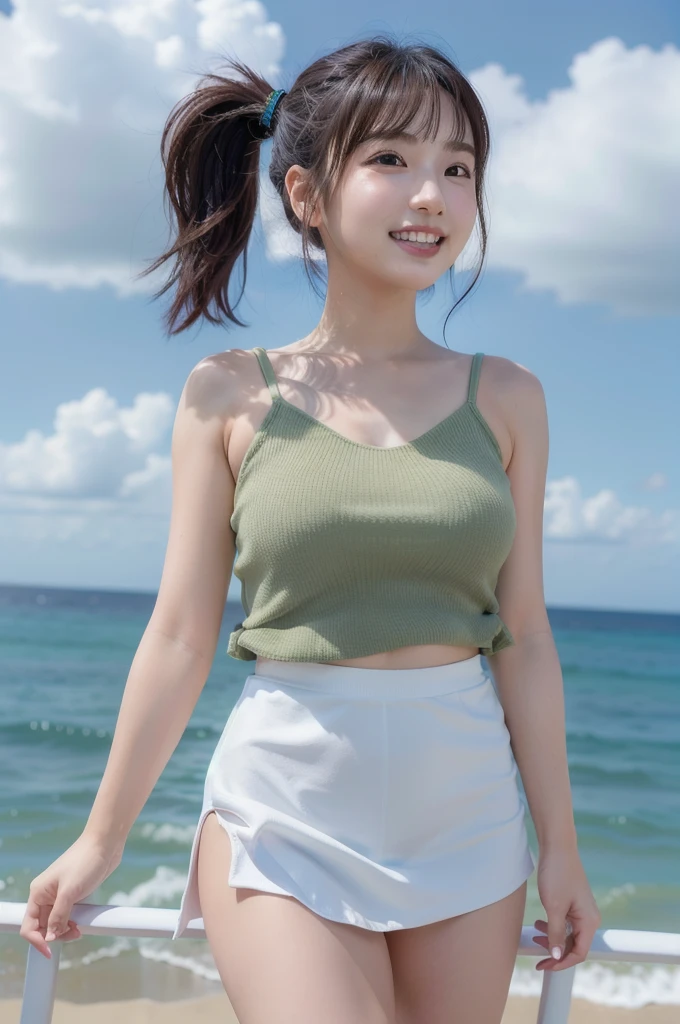 Cute、Large Breasts、whole body、Slim figure、Young Face、Baby Face、White tube top and miniskirt summer dress、An angle that shows the lower body、whole body撮影、Beautiful Skin、Shaggy Ponytail、The skirt flips up in the strong wind and you can see the panties、At the beach、smile、Show me your teeth、High resolution, Anatomically correct, Winner of numerous awards, Textured skin, High-resolution model,