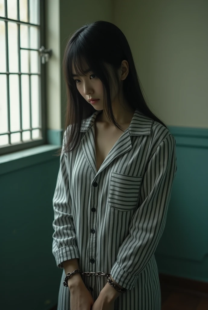{
"prompt": "prisonの番号が書かれた青い長い囚人服を着た美しい韓国の高校生の少女が登場するシーン. She doesn't wear shoes. 彼女は金属格子で囲まれた薄暗いSolitary confinementの中にいる. The girl has a sad look, And her uniform was replaced with a striped prison uniform.. 設定は小さなベッドのある典型的なprisonのSolitary confinementです, Iron-barred windows, Worn floor. The overall atmosphere is heavy、Thoughtful, The soft lighting accentuates her emotions..",photograph,prison,Japanese high school girl as a female prisoner, Round sexy ass,Big natural wet breasts, prisonの設定, Solitary confinement,Handcuffs on both hands,Restrained by chains,Jail,Connecting both handcuffs with a chain,Chain on the waist,Crotch rope,Take off your bra,Expose the chest,Go shirtless,
"size": "1024x1024"
}