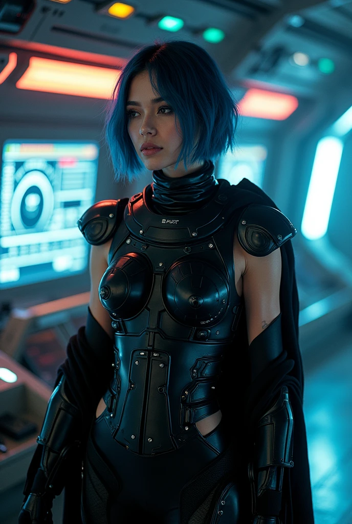 Mscockpit,cockpit、((1980s_style)), Dark blue hair，thin，Powered Suit，Reinforced Suit，Black suit，mechanical，sf，Black sleeveless coat，Small breasts，Small breasts，Flat Chest，expensive，Slightly muscular，The innerwear is a bodysuit，Pilot Suit，Hard boots，Chest protector，Shoulder protectors，Lumbar Device，One woman,