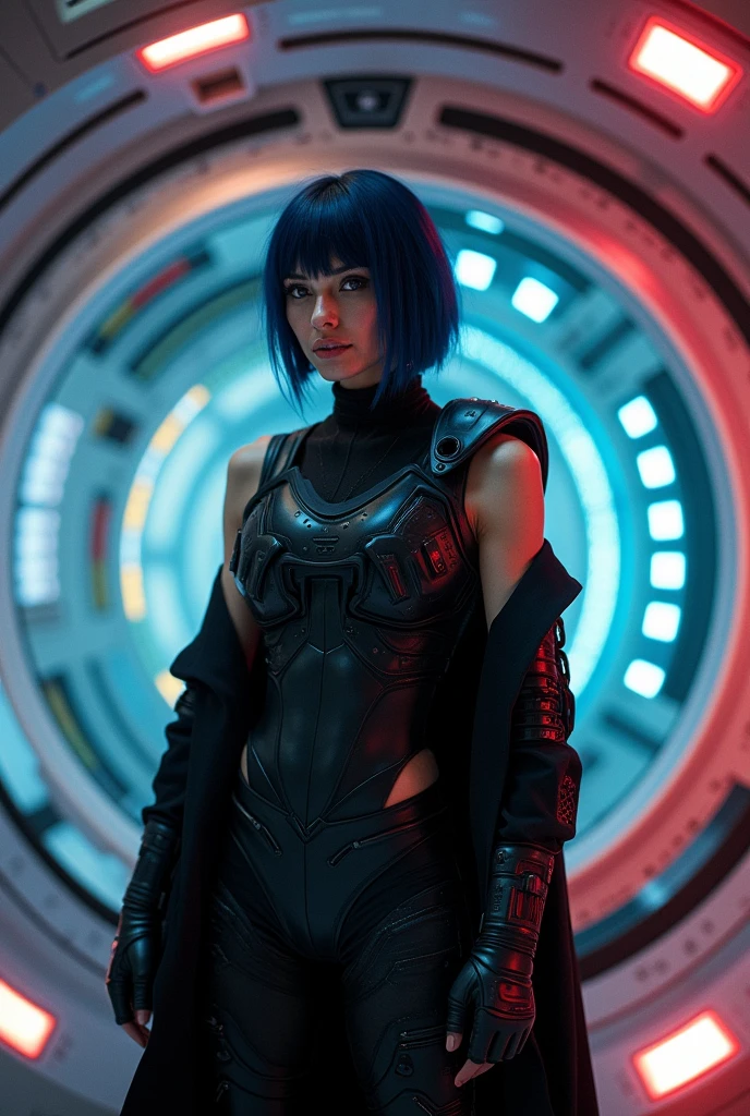 Mscockpit,cockpit、((1980s_style)), Dark blue hair，thin，Powered Suit，Reinforced Suit，Black suit，mechanical，sf，Black sleeveless coat，Small breasts，Small breasts，Flat Chest，expensive，Slightly muscular，The innerwear is a bodysuit，Pilot Suit，Hard boots，Chest protector，Shoulder protectors，Lumbar Device，One woman,