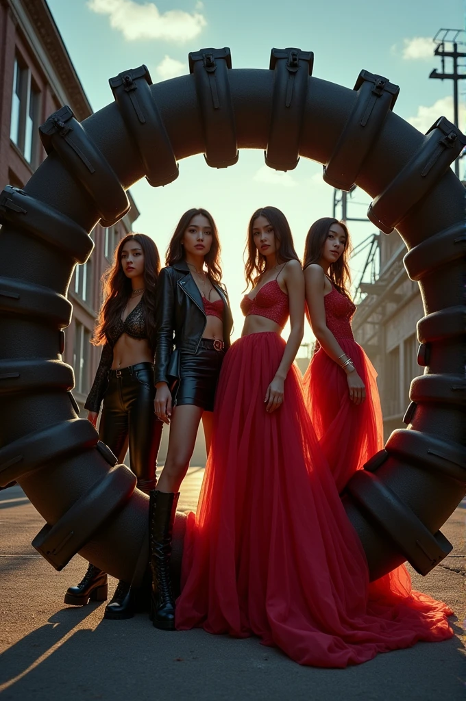 I'm taking photos for a new concept album. Created a concept photo of a girl group posing in a giant iron trap