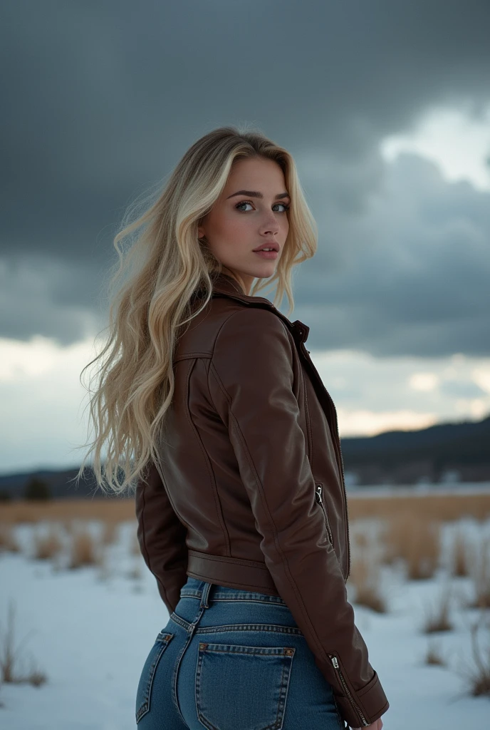 From side. Full body shot of An ultra hot gorgeous European woman. Age 23. She’s a playmate and men magazine model. Blonde hair.In a snowy landscape ranch. Looking at the sky with ((dark black storm clouds)). She wears jeans and brown leather jacket. Perfect anatomy, perfect hair, perfect breast, perfect body, perfect hands, perfect face, perfect eyes, accurate, anatomically correct, perfect clear and crisp focus, dramatic cinematic light
