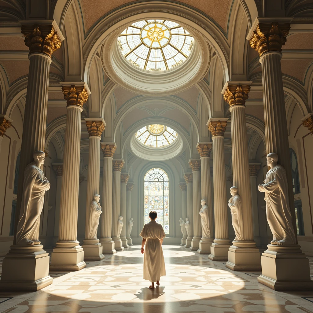 Upon entering the hall, Evan was once again enveloped by a sense of wonder that seemed to have no end within the walls of the Veritas Institute.. The space before him was a natural extension of the grandeur he had already experienced., but now with an even more solemn touch. O teto, elevated as if aspiring to touch the heavens, was adorned with intricate stained glass windows that filtered the daylight into a kaleidoscope of soft, harmonious colors. The statues, positioned with almost ritualistic precision, they seemed like silent guardians of ancient knowledge, while the predominant colors — pure white and resplendent gold — gave the environment an aura of sacredness and untouchability.