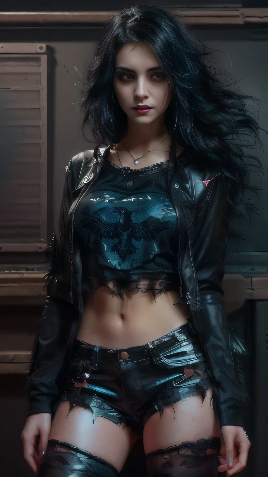Natalia Tellez, woman with black hair and a black top and blue shorts, raven black hair, jet black haired cyberpunk girl, style of charlie bowater, raven hair, raven winged female vampire, urban fantasy style, seductive cyberpunk dark fantasy, badass look, long raven hair, ripped clothing, detailed long black hair, gothic clothing