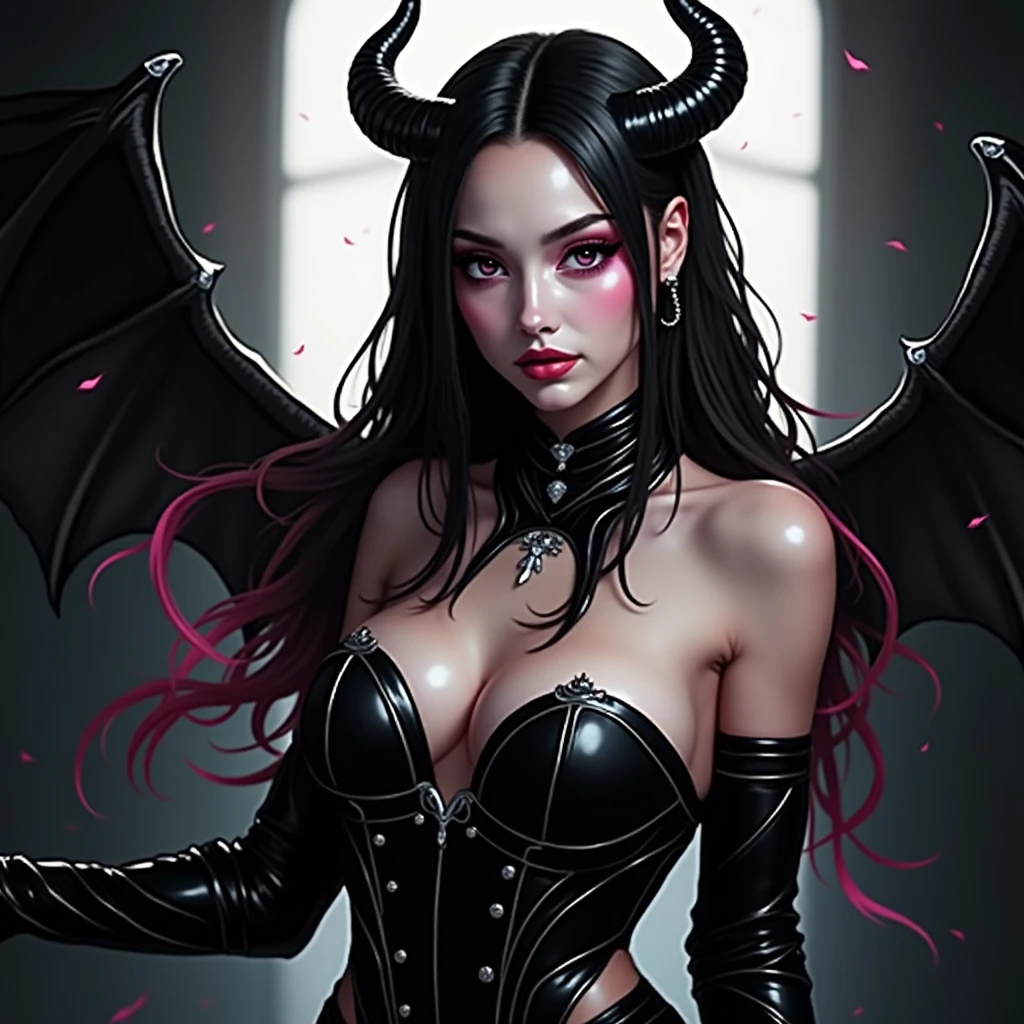 Woman with pink hair and a black outfit is standing in front of a dark background, epic fantasy digital art style, beautiful elegant demon queen, detailed fantasy digital art, epic fantasy