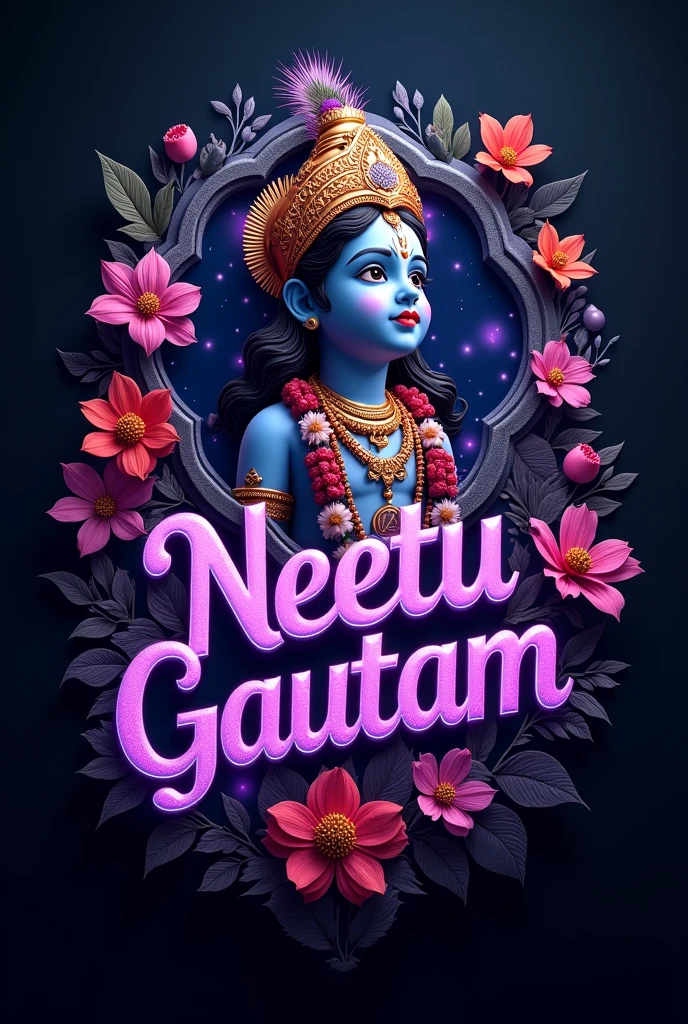A name board with name of "Neetu Gautam" in it in creative format . Purple colour with black background in futuristic theim and flowers in it . With lord Krishna in the background.