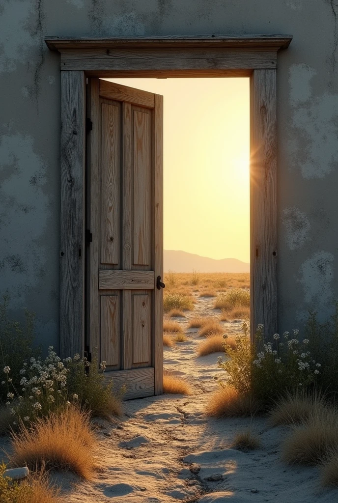 An image of a half-open door or a path opening up in a bleak landscape, Implying the idea of moving towards something better. The light filtering through the door or path could represent hope and change.