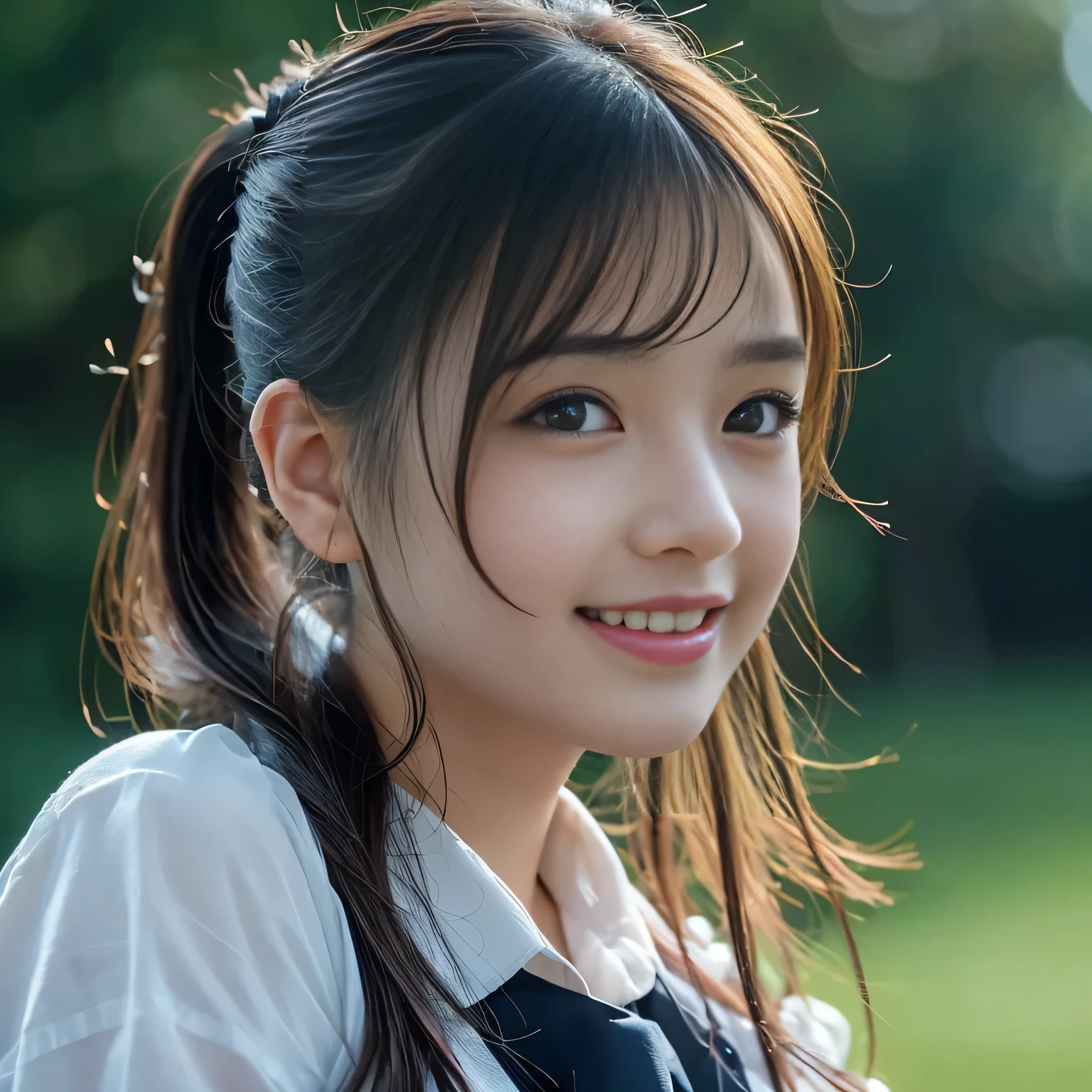 1 person, Beautiful Japanese actresses, (ponytail:1.3),(RAW Photos, Highest quality), (Realistic, Photorealistic:1.4), masterpiece, Very delicate and beautiful, Very detailed, 8k wallpaper, wonderful, finely, Very detailed CG Unity 8k 壁紙, Very detailedな, High resolution, Soft Light, Beautiful detailed, Very detailed目と顔, Beautiful and detailed nose, Beautiful and detailed, Cinema Lighting, Perfect Anatomy, Slender body, smile, Face the front completely, Looking at the camera,Highest quality, Face Focus, Soft Light, 超High resolution, (Realistic:1.4), RAW Photos, 1 Japanese person, alone, cute, (Dark Eyes, light in your eyes), Beautiful face in every detail, (Small Box),(High resolution detail of human skin texture), (Medium-long hair),In the classroom , Wearing a high school uniform, (Portraiture), smile, Upper body from the waist up, smile