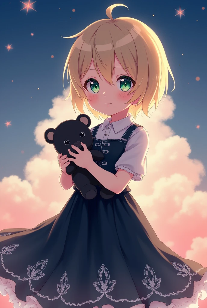 , light blonde hair, and green eyes, He wears elegant but modest clothes, like a black dress with white, and also carries a black teddy bear. anime style
