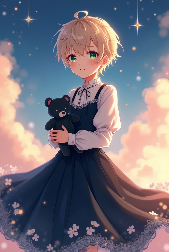 , light blonde hair, and green eyes, He wears elegant but modest clothes, like a black dress with white, and also carries a black teddy bear. anime style