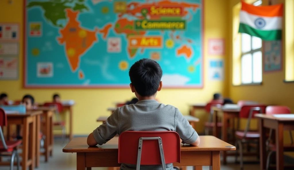 Create a thumbnail showing a student sitting thoughtfully in a classroom, deciding between 'Science,' 'Commerce,' and 'Arts.' The classroom should have an Indian atmosphere, with elements like the Indian map or flag in the background. The text 'Science', 'Commerce', and 'Arts' should be prominently displayed in the image, reflecting the student's choice dilemma