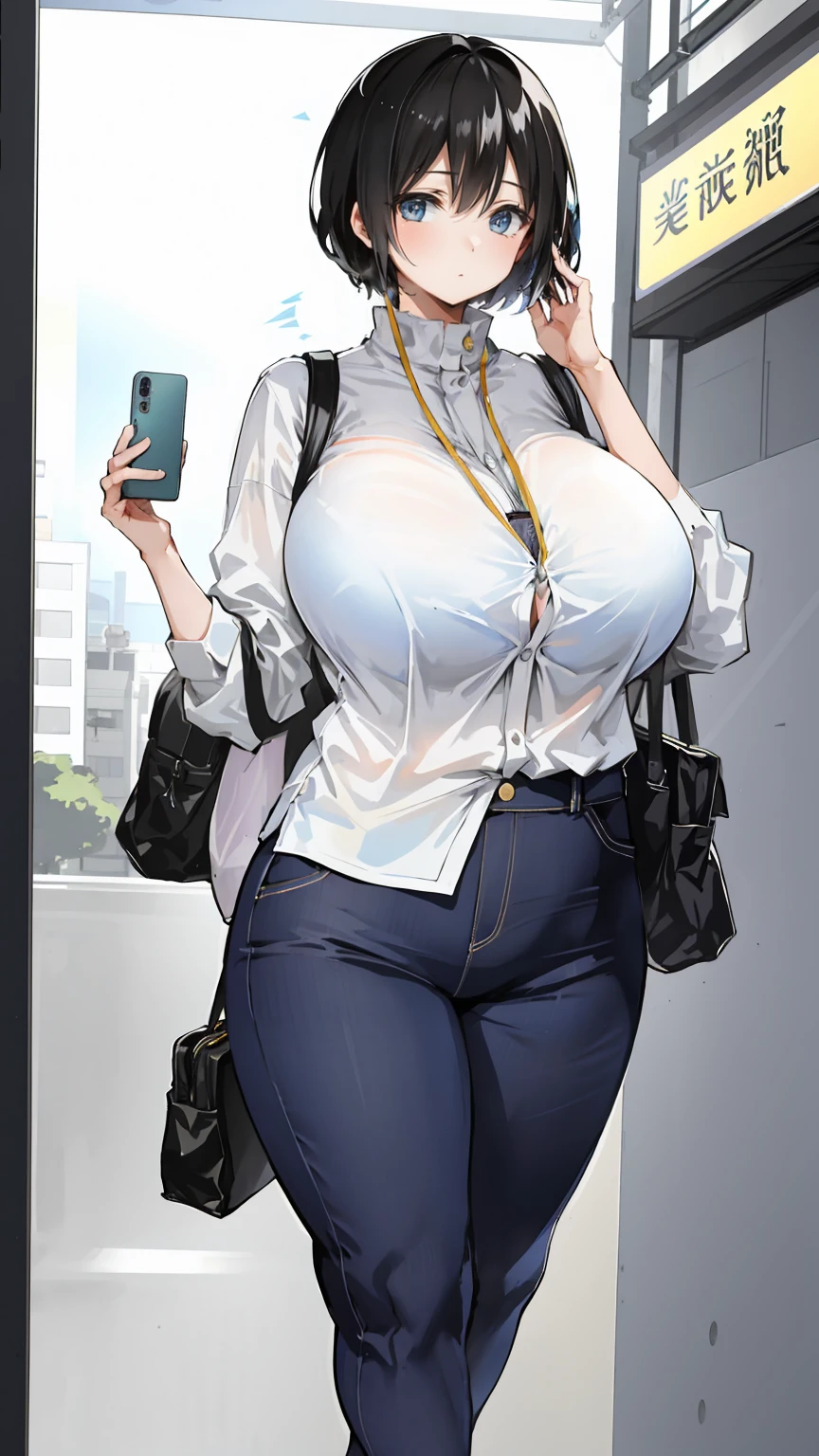 A photographture_Compare,Huge ,(Mature Woman:1),Telephone,携帯Telephone,smartphone,Handheld,photograph、Date、Casual wear、crater smartphone画面はスケベな顔
