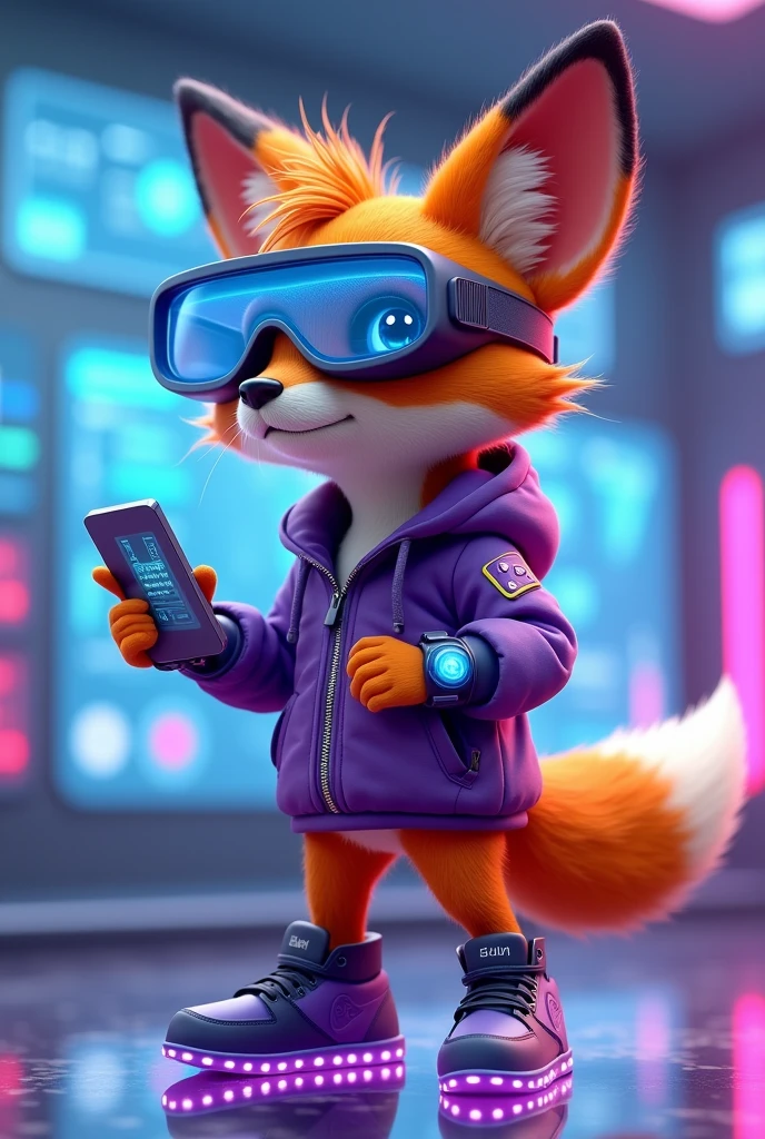 Create a 3D Disney Pixar style young fox named Fluffy, with a look focused on the technology section. She should have vibrant orange fur with white spots on her belly and paws., with big, expressive eyes and cute ears. Cute must be dressed and equipped with modern technological accessories: vestimentas: A futuristic purple jacket with neon accents, perhaps with illuminated panels or digital graphics, for a modern and technological look. Accessories to be included: A pair of augmented reality glasses (midair) with a futuristic design and bright lenses. A high-end smartwatch with a holographic display and a silver metal strap. A stylish wireless headset, featuring a sleek and modern design. A small portable technology device, como um tablet ou um gadget de alto-tech, that she may be holding or using. A pair of sneakers with built-in LED, that light up or flash for a technological effect. Fofinha must have a posture that suggests interaction with technology, como ajustando os óculos midair ou mexendo em um gadget. The background should be a futuristic and technological environment, like a modern office with digital panels or a high-tech control room, capturing the essence of innovation and technology.

Showing the tennis