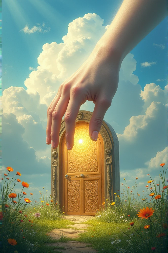 A hand coming from heaven opening a door on earth