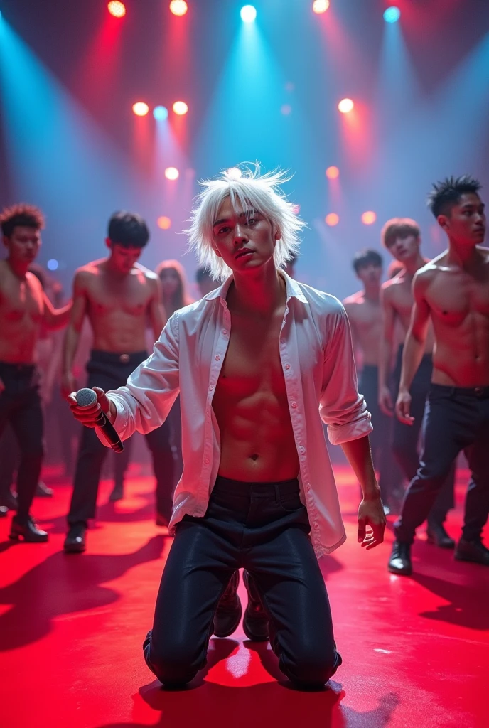 A white haired male k-pop idol, black eyes, Hold the mic, standing on the red stage, unbuttoned shirt, Handsome, kneeling on stage, many dancers around
