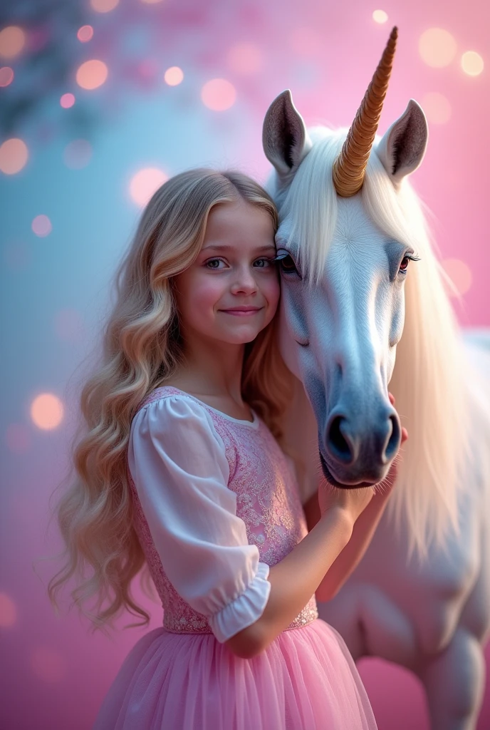 Portrait of a girl with a unicorn. Girl standing next to unicorn. The girl's face is full-face looking at us. The girl has long blond wavy lush hair. The background is fabulous pink and blue tones. Flares. The mood is festive.