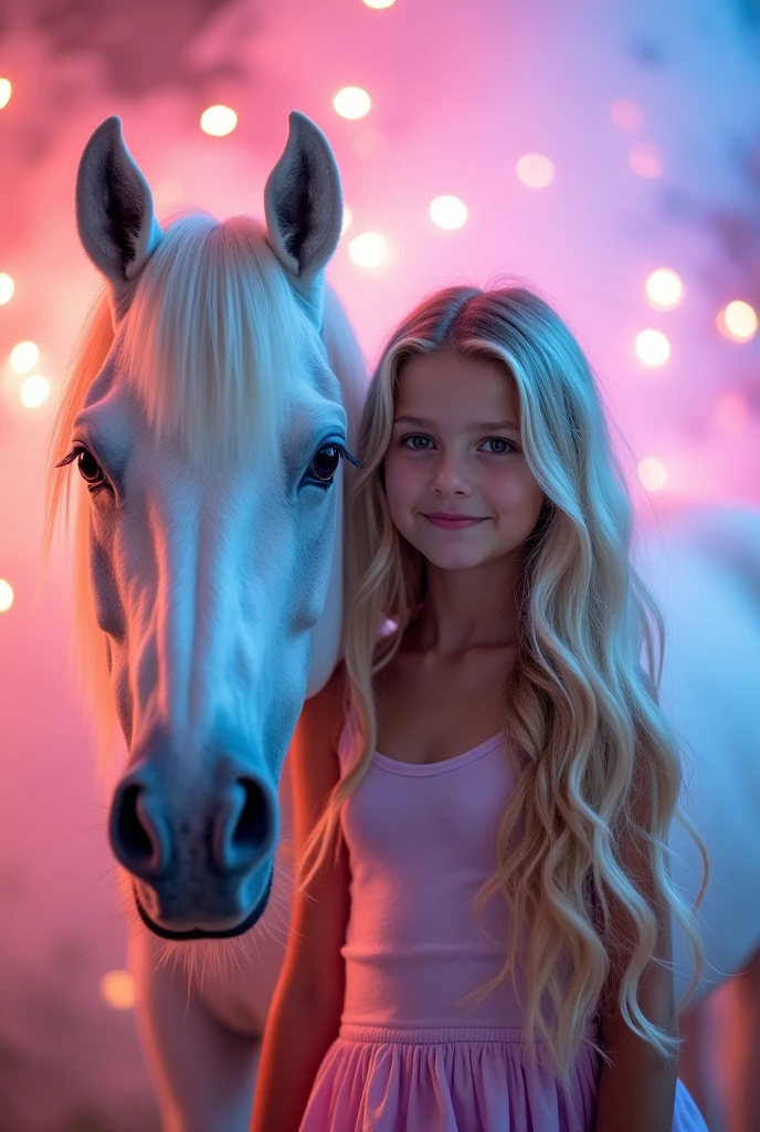 Portrait of a girl with a unicorn. Girl standing next to unicorn. The girl's face is full-face looking at us. The girl has long blond wavy lush hair. The background is fabulous pink and blue tones. Flares. The mood is festive.