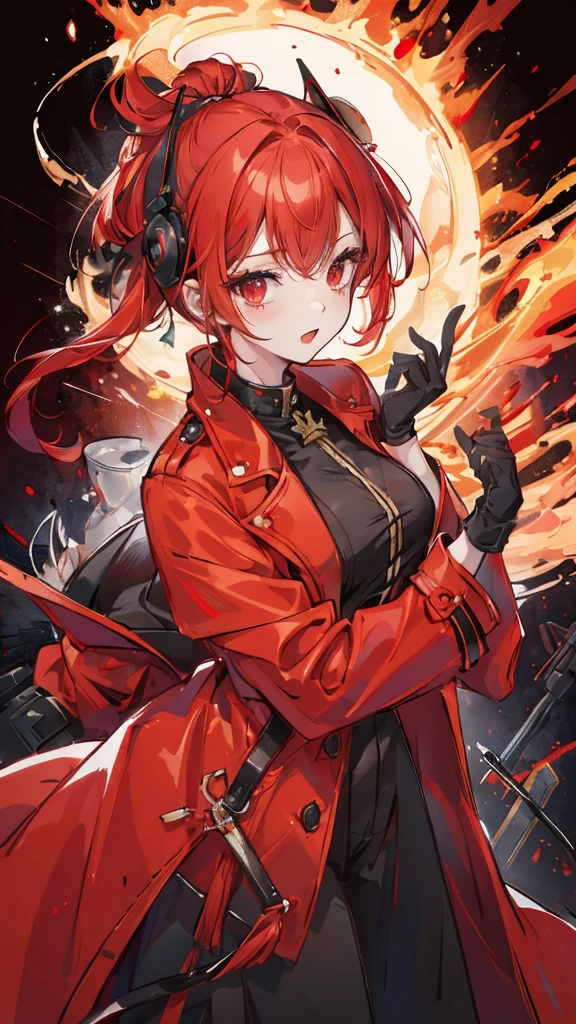 (best quality, Vibrant colors:1.2),red bobblehead doll,Vibrant red eyes,Black military uniform and red trench coat,Red gloves,cockfighting,Armor that glows with fire