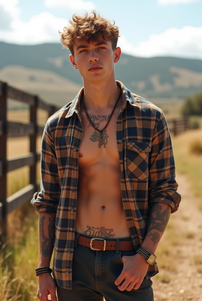 19 year old male, strong bodie, rustic and basic style, wears a plaid blouse, has light brown hair in a short mid fade cut, slightly curly hair and tattoos on the arm